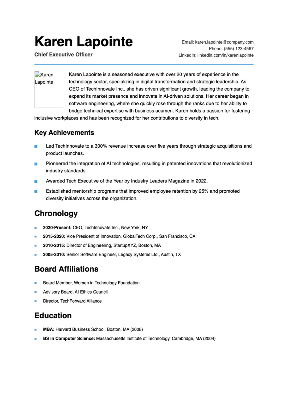 Professional executive bio profile with career chronology and board affiliations_variant_3
